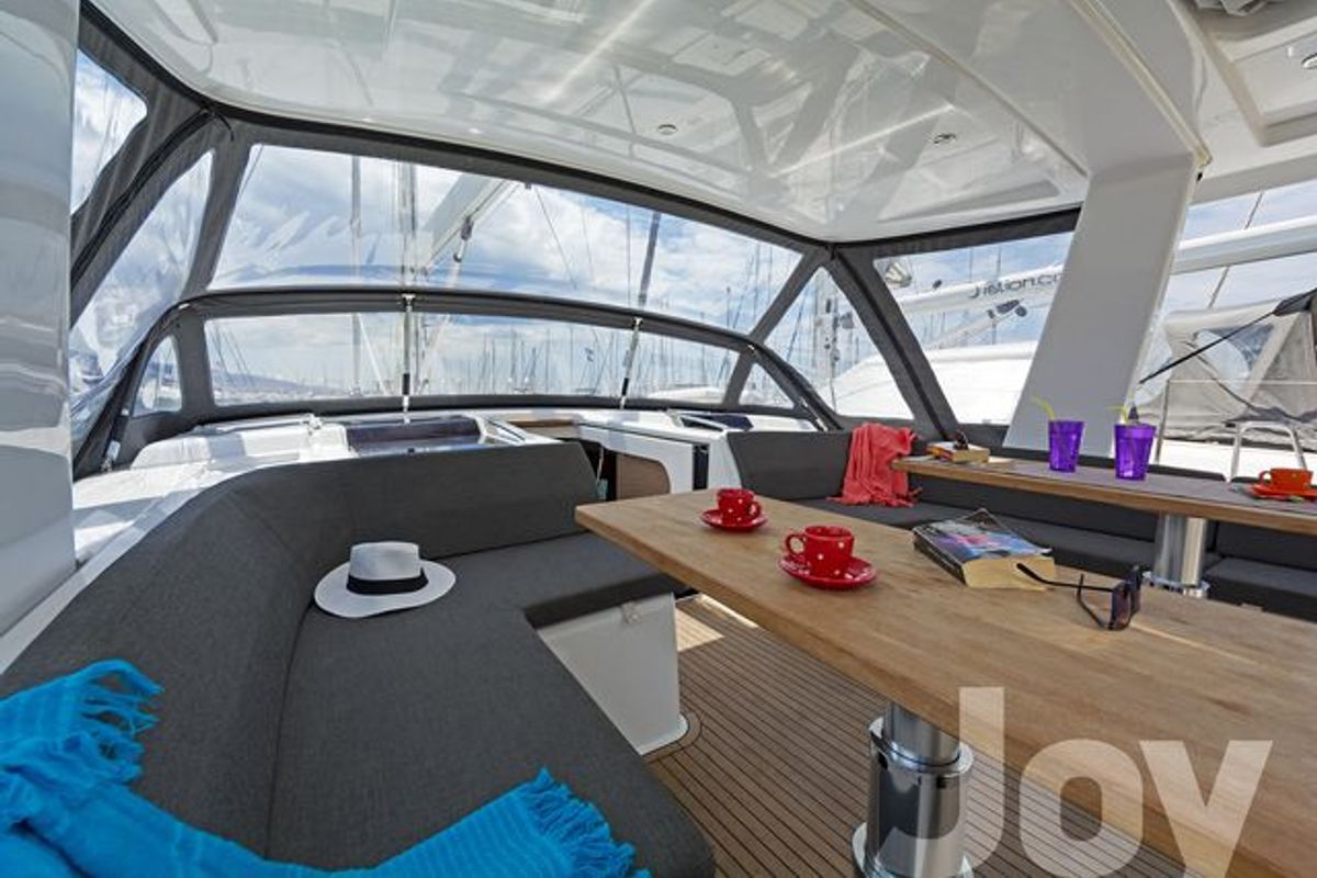 Deck of Joy, a Hanse Yachts Hanse 548 sailboat at Municipal Unit of Lefkada, Greece
