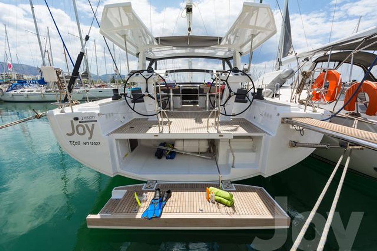 Deck of Joy, a Hanse Yachts Hanse 548 sailboat at Municipal Unit of Lefkada, Greece