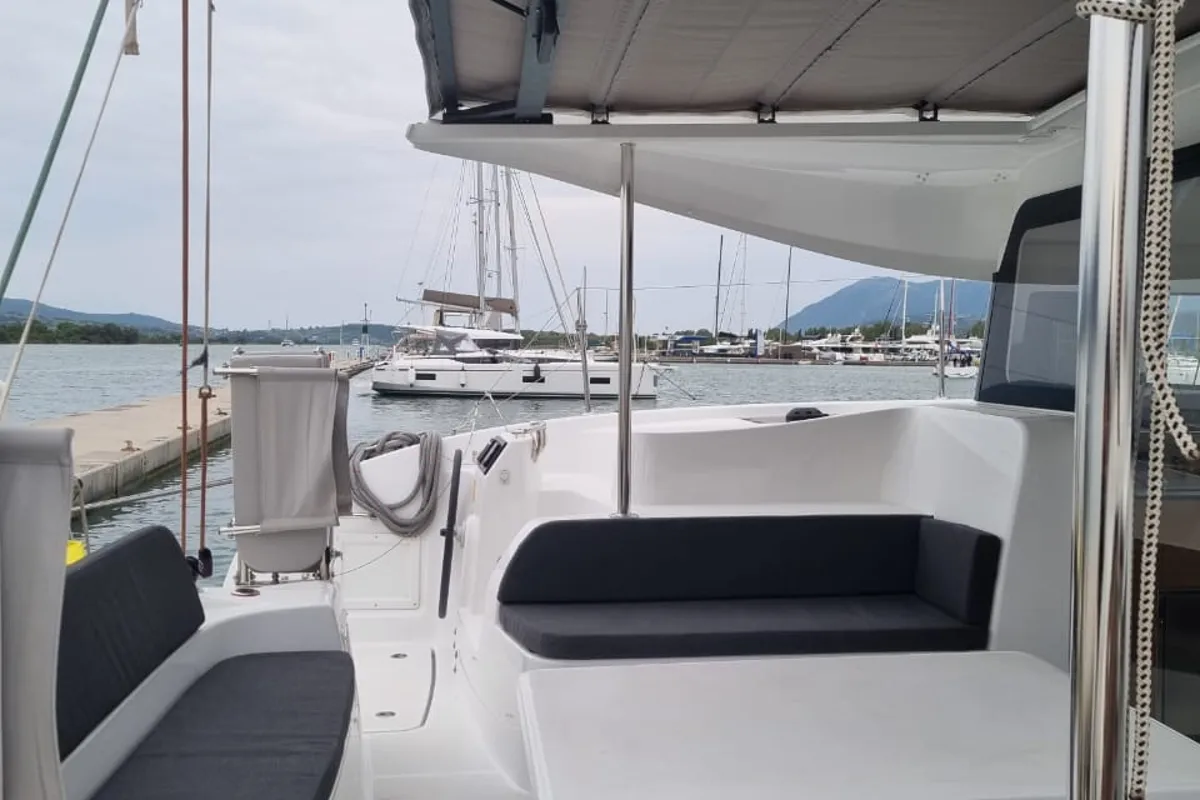 Deck of Ad Astra, a Excess 11 catamaran at Preveza, Greece