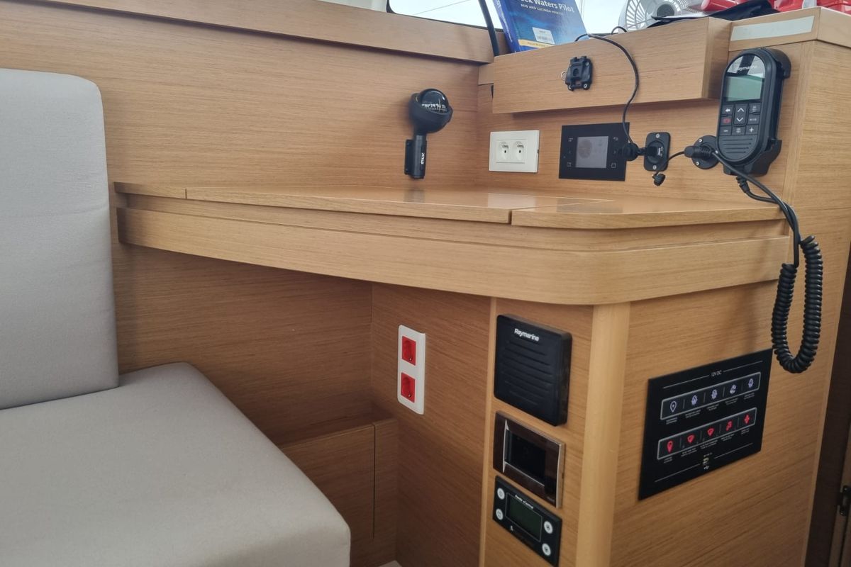 Cockpit of Ad Astra, a Excess 11 catamaran at Preveza, Greece