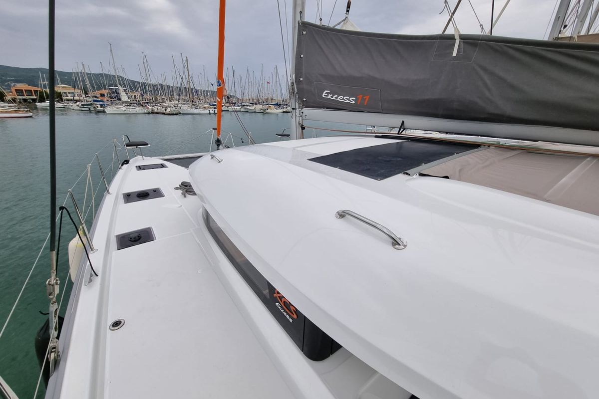 Deck of Ad Astra, a Excess 11 catamaran at Preveza, Greece