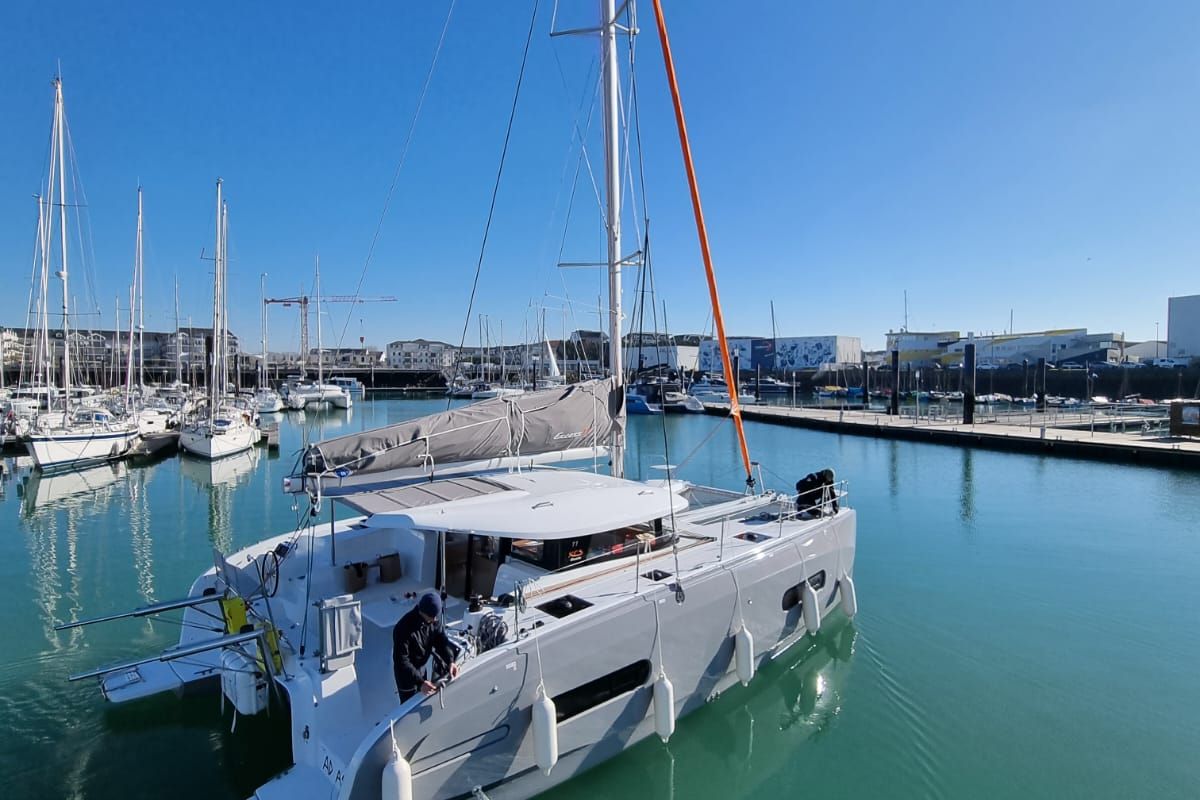 Exterior view of Ad Astra, a Excess 11 catamaran at Preveza, Greece