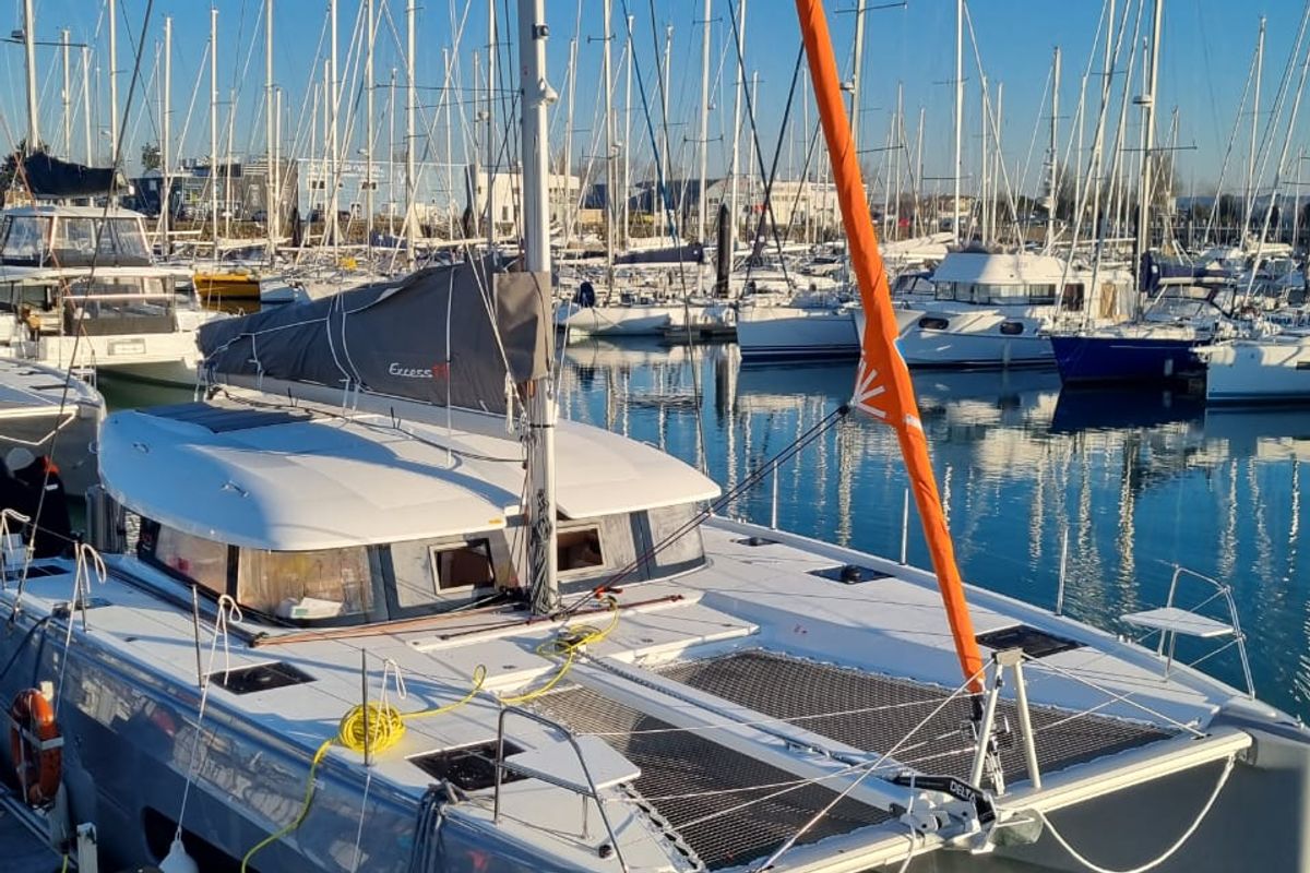 Exterior view of Ad Astra, a Excess 11 catamaran at Preveza, Greece