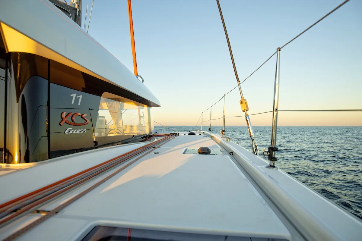 Deck of Ad Astra, a Excess 11 catamaran at Preveza, Greece