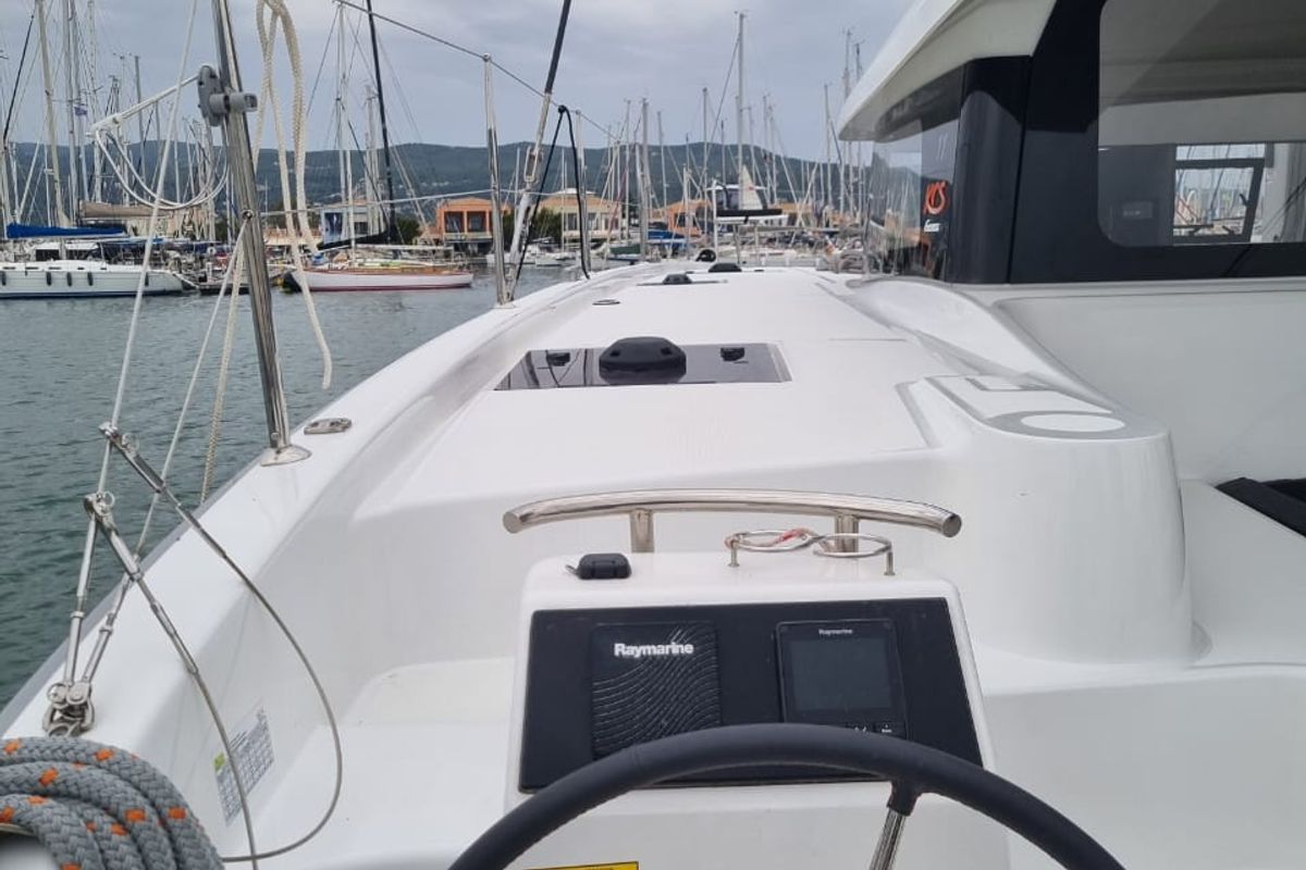 Cockpit of Ad Astra, a Excess 11 catamaran at Preveza, Greece