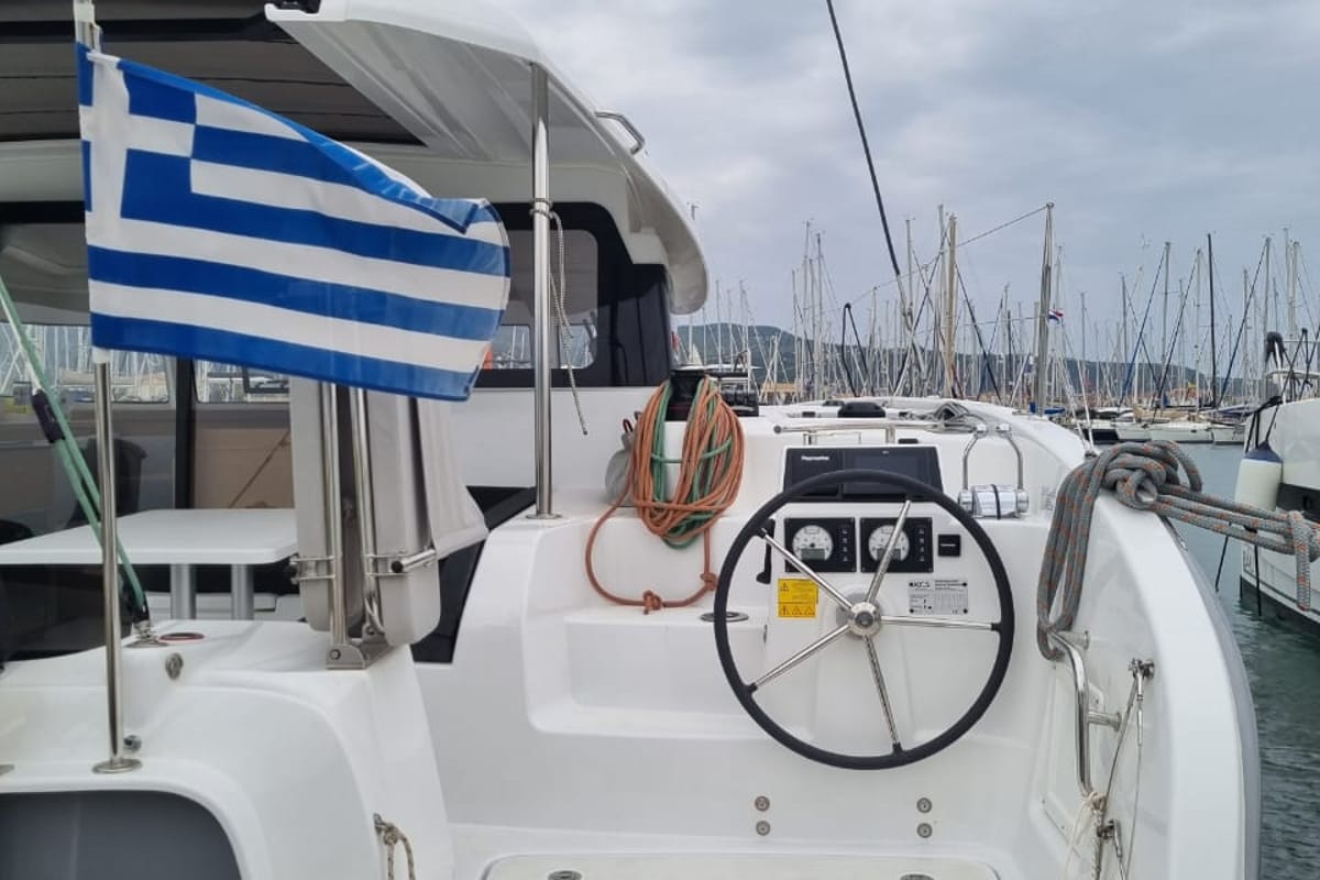 Cockpit of Ad Astra, a Excess 11 catamaran at Preveza, Greece