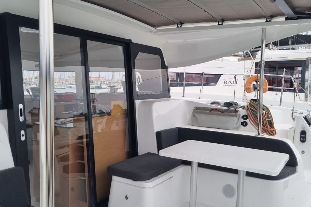 Deck of Ad Astra, a Excess 11 catamaran at Preveza, Greece