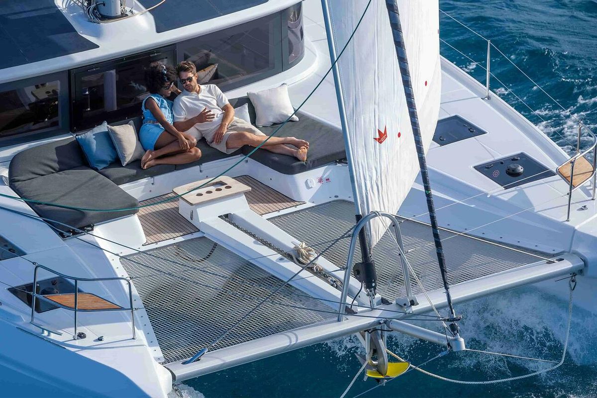 Deck of Deb Elli, a Lagoon 51 catamaran at Sant Antoni de Portmany, Spain