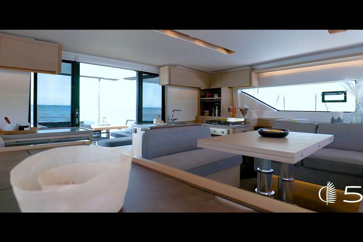 Salon of Deb Elli, a Lagoon 51 catamaran at Sant Antoni de Portmany, Spain