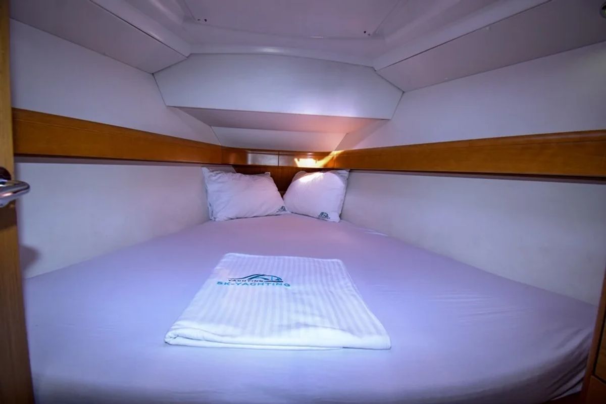 Cabin on Schnecke, a Jeanneau Sun Odyssey 36i sailboat at Marmaris, Turkey