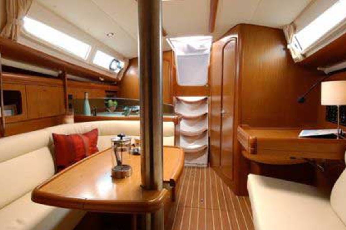 Salon of Schnecke, a Jeanneau Sun Odyssey 36i sailboat at Marmaris, Turkey