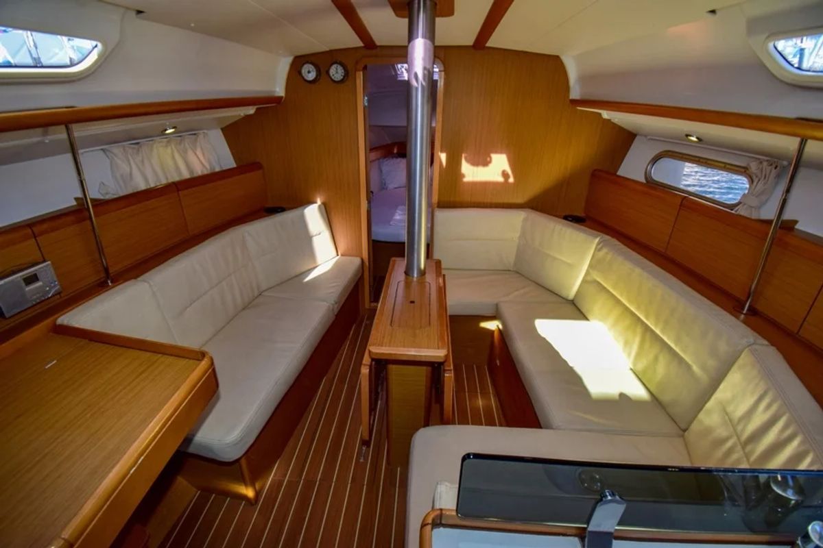 Salon of Schnecke, a Jeanneau Sun Odyssey 36i sailboat at Marmaris, Turkey