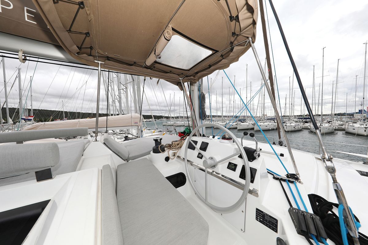 Cockpit of Sunlight, a Bali 4.2 OW catamaran at Općina Sveti Filip i Jakov, Croatia