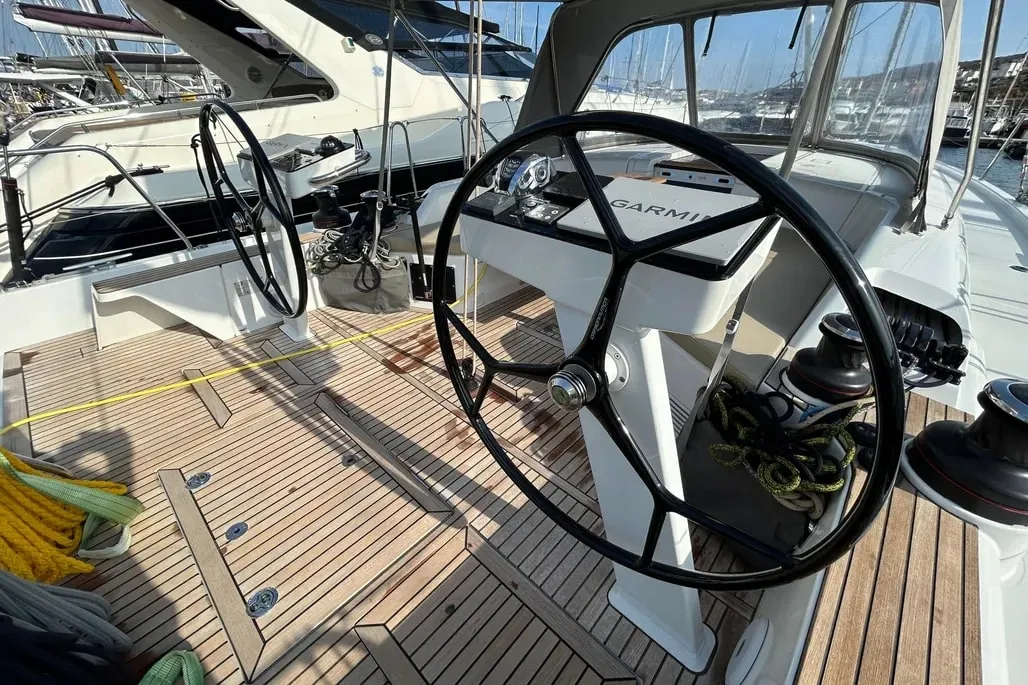 Cockpit of TITI, a Beneteau First 44 sailboat at Lavreotiki Municipal Unit, Greece