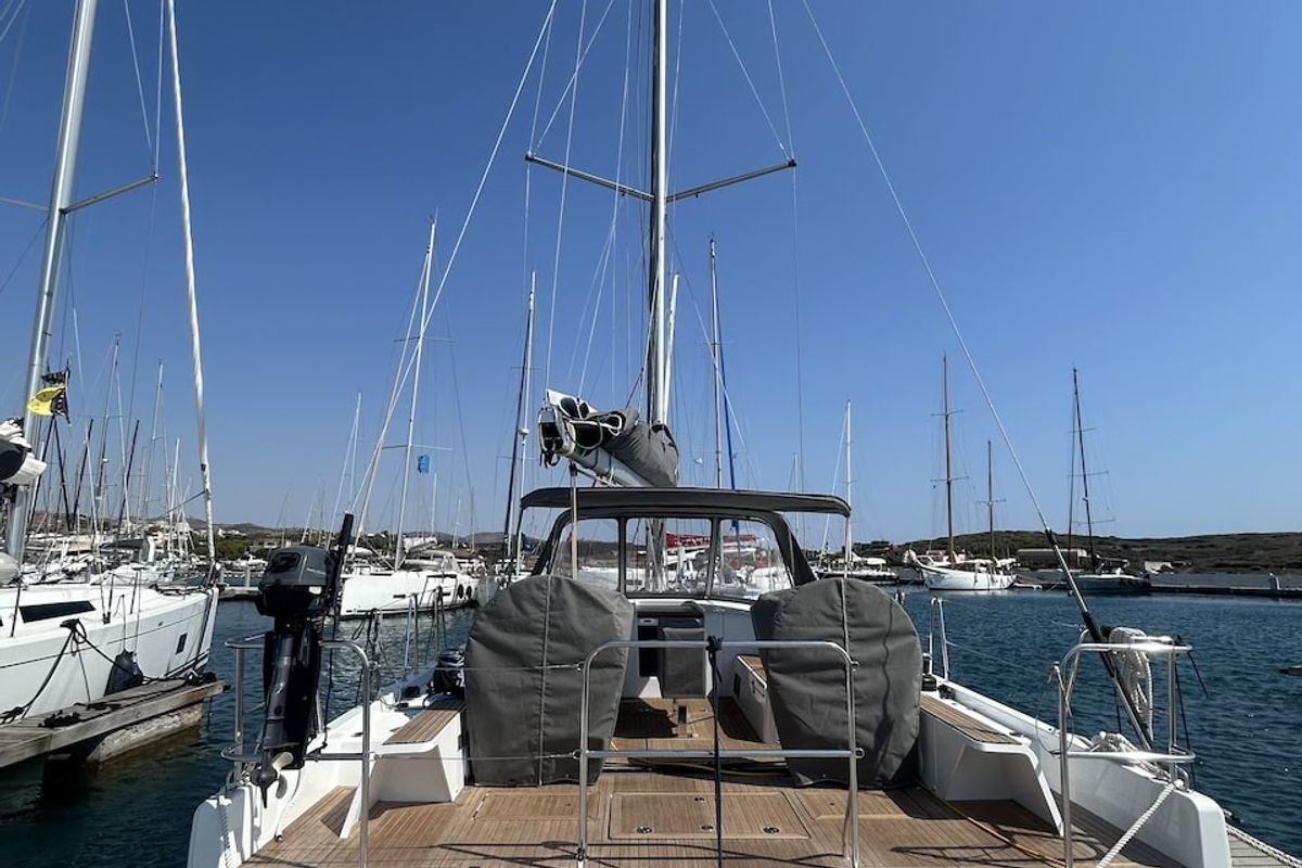 Deck of TITI, a Beneteau First 44 sailboat at Lavreotiki Municipal Unit, Greece