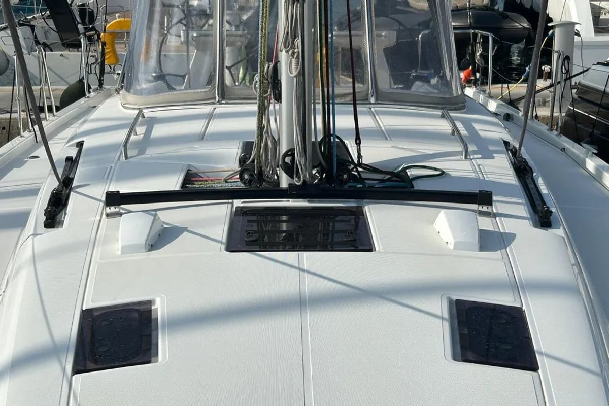 Deck of TITI, a Beneteau First 44 sailboat at Lavreotiki Municipal Unit, Greece
