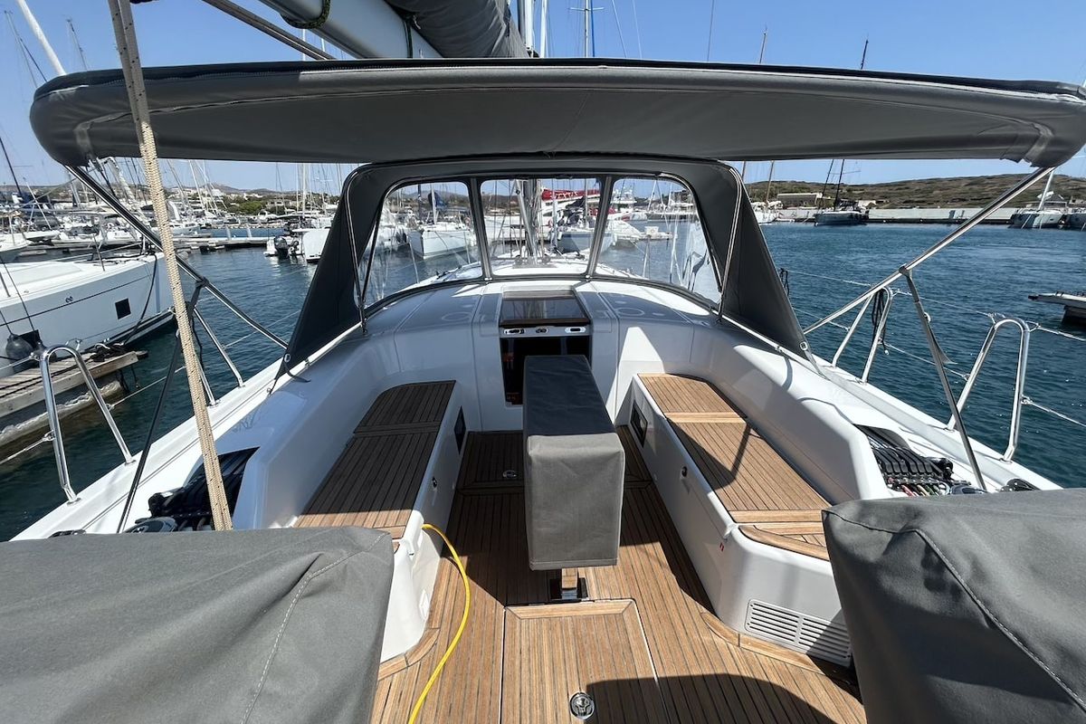 Cockpit of TITI, a Beneteau First 44 sailboat at Lavreotiki Municipal Unit, Greece