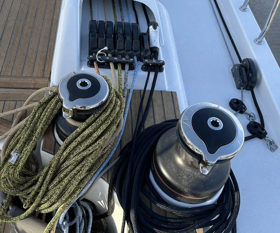 Deck of TITI, a Beneteau First 44 sailboat at Lavreotiki Municipal Unit, Greece