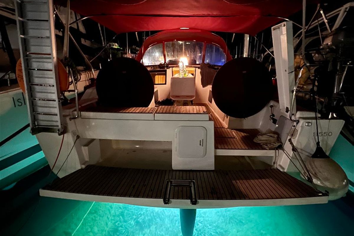 Exterior view of AINA, a Dufour 412 Grand large sailboat at Municipal Unit of Lefkada, Greece