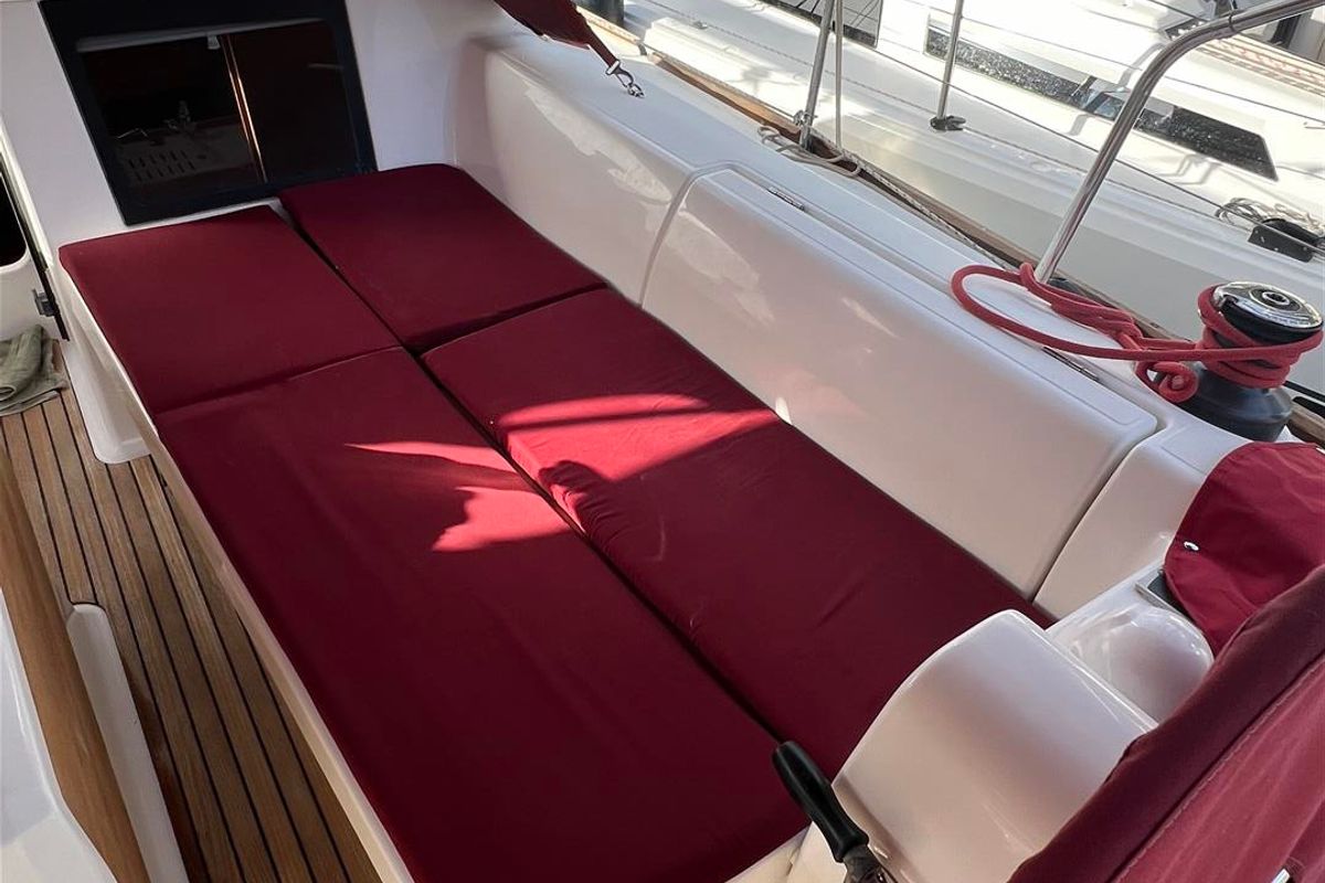 Deck of AINA, a Dufour 412 Grand large sailboat at Municipal Unit of Lefkada, Greece