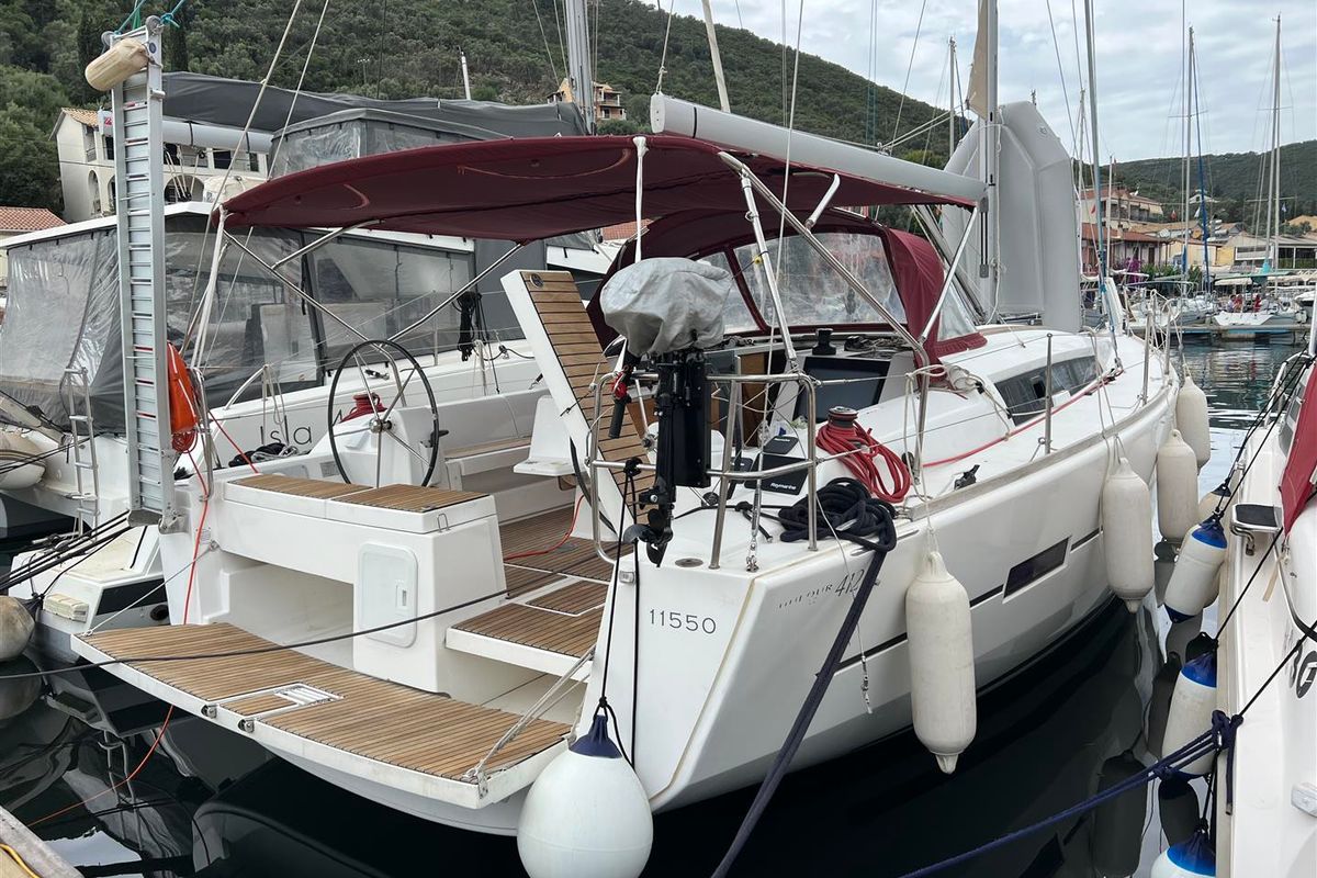 Exterior view of AINA, a Dufour 412 Grand large sailboat at Municipal Unit of Lefkada, Greece