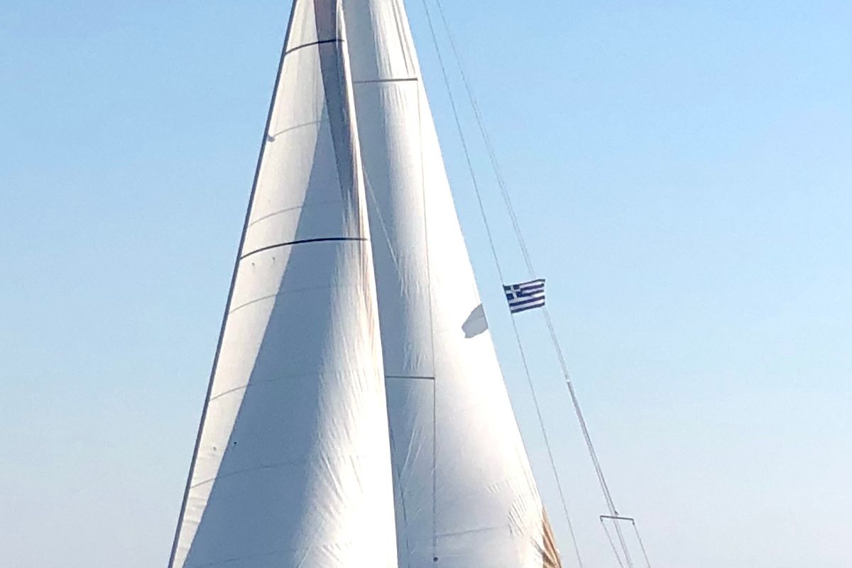 Exterior view of AINA, a Dufour 412 Grand large sailboat at Municipal Unit of Lefkada, Greece