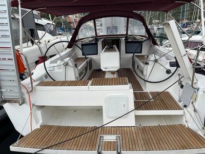 Cockpit of AINA, a Dufour 412 Grand large sailboat at Municipal Unit of Lefkada, Greece