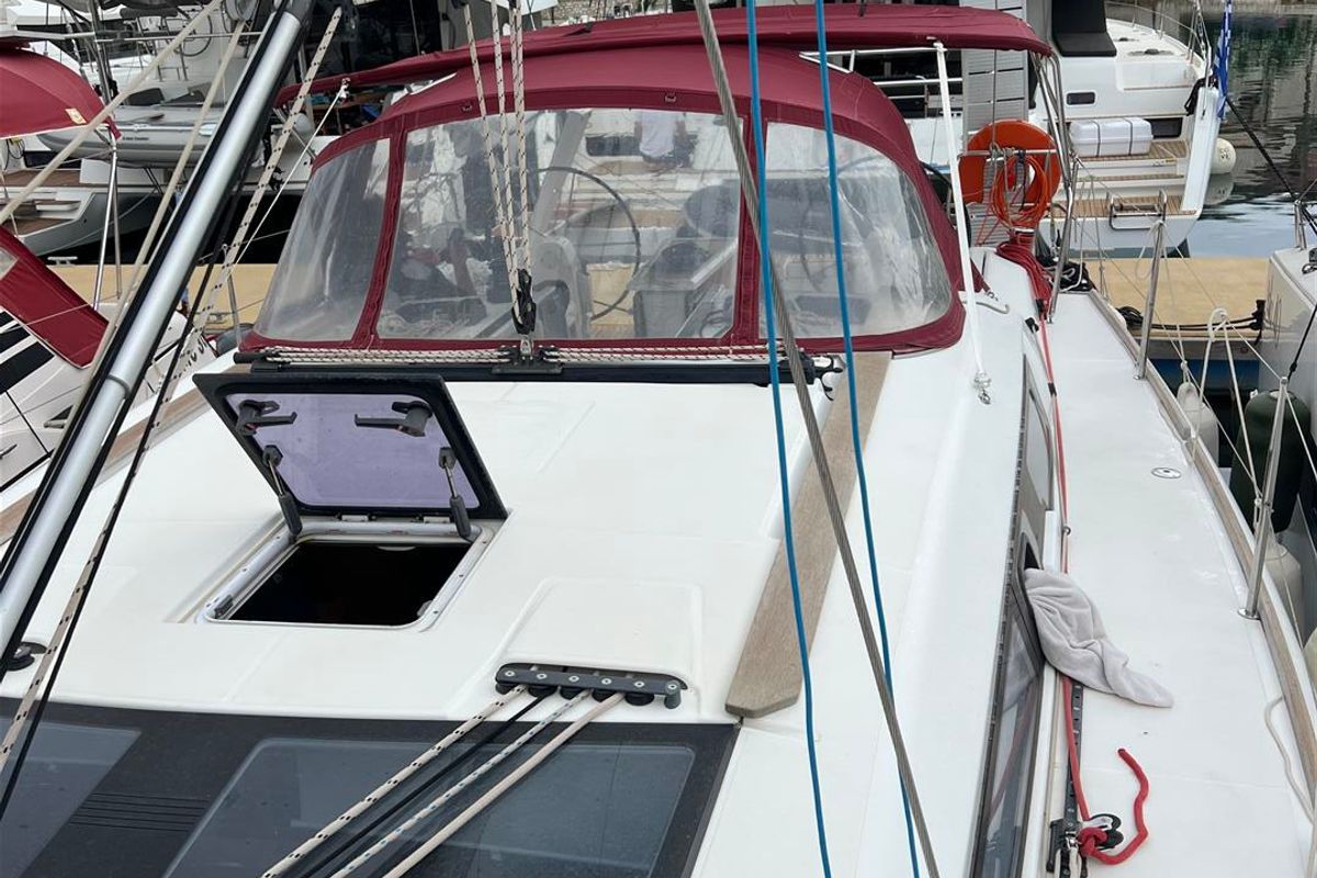 Deck of AINA, a Dufour 412 Grand large sailboat at Municipal Unit of Lefkada, Greece