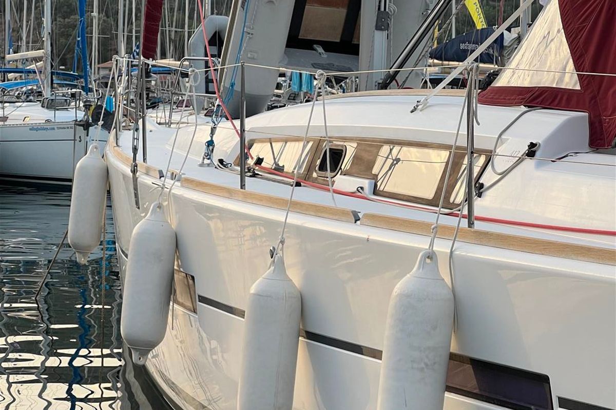 Exterior view of AINA, a Dufour 412 Grand large sailboat at Municipal Unit of Lefkada, Greece
