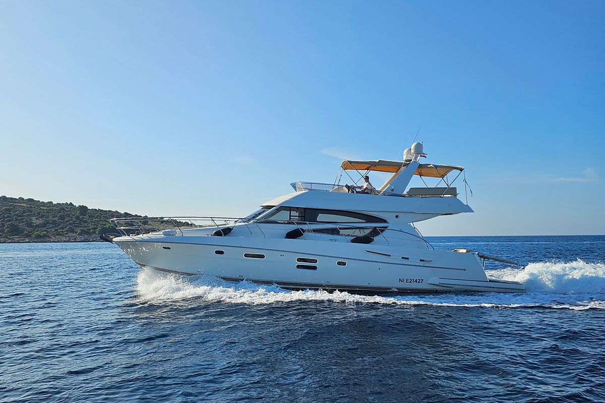 Exterior view of Panarea, a Prestige 50 Fly motorboat at Primošten, Croatia