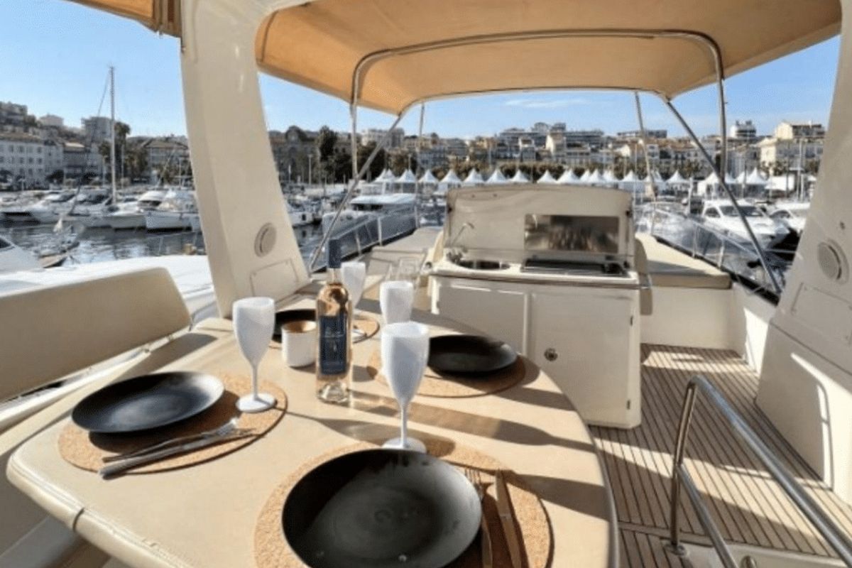 Deck of Panarea, a Prestige 50 Fly motorboat at Primošten, Croatia