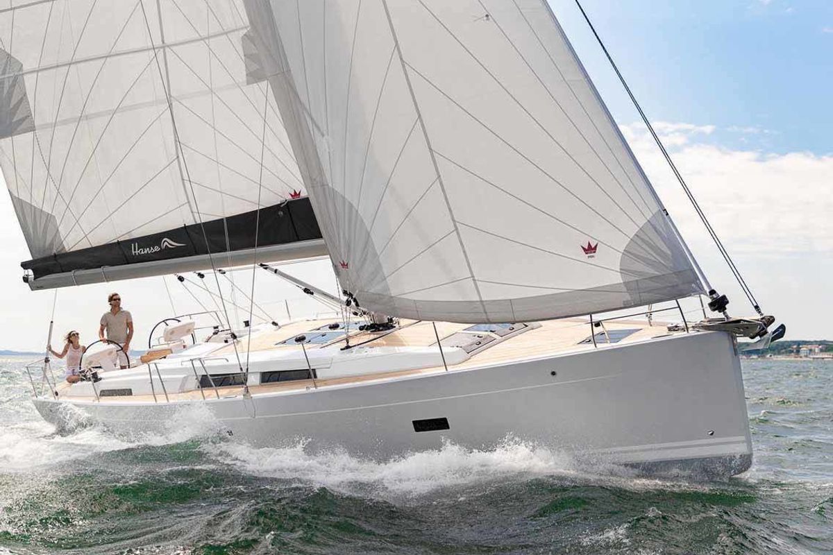 Exterior view of Theodora, a Hanse Yachts Hanse 458 sailboat at Municipal Unit of Lefkada, Greece