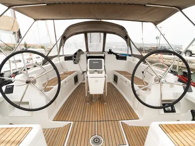 Cockpit of ORESTIS, a Jeanneau Sun Odyssey 449 sailboat at Municipal Unit of Lefkada, Greece