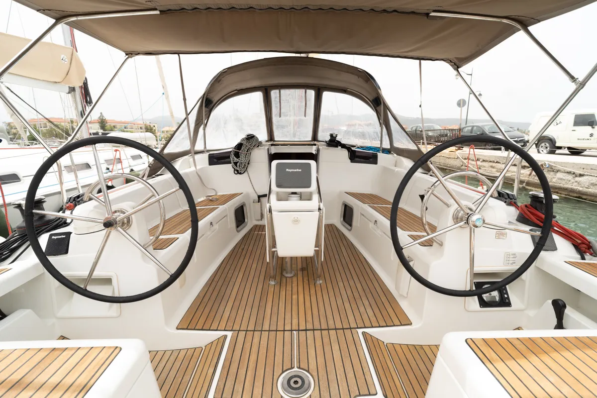 Cockpit of ORESTIS, a Jeanneau Sun Odyssey 449 sailboat at Municipal Unit of Lefkada, Greece