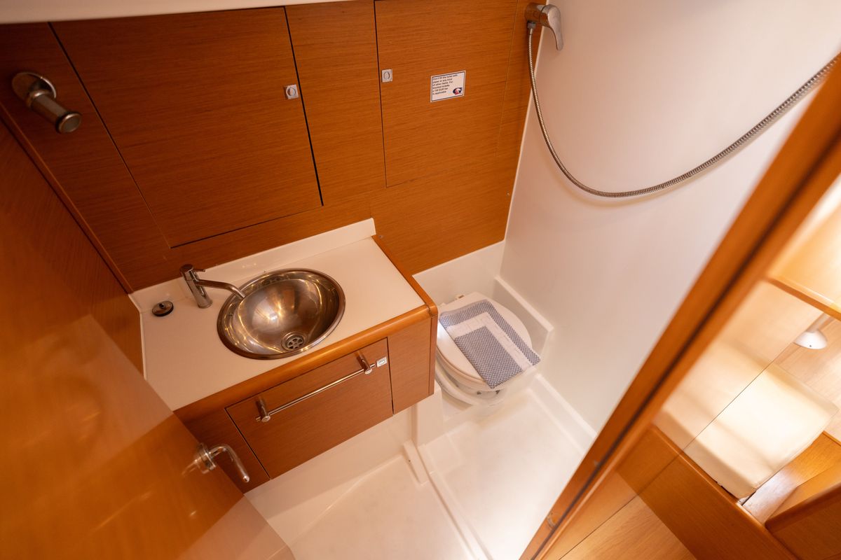 Head on ORESTIS, a Jeanneau Sun Odyssey 449 sailboat at Municipal Unit of Lefkada, Greece