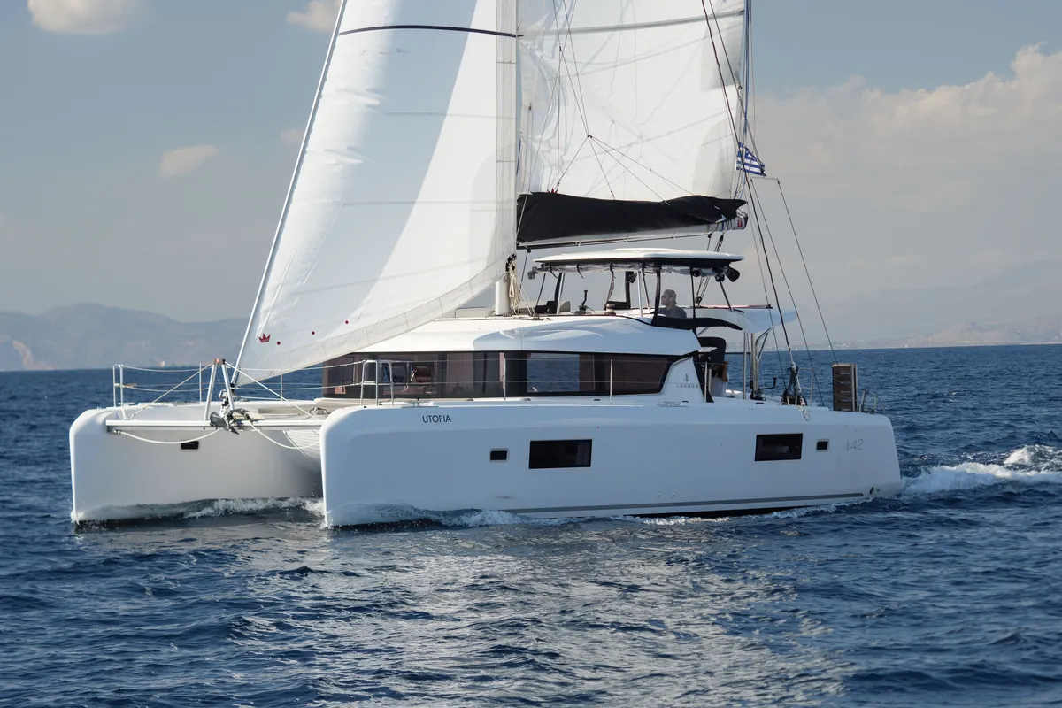 Exterior view of Utopia, a Lagoon 42 catamaran at Athens, Greece