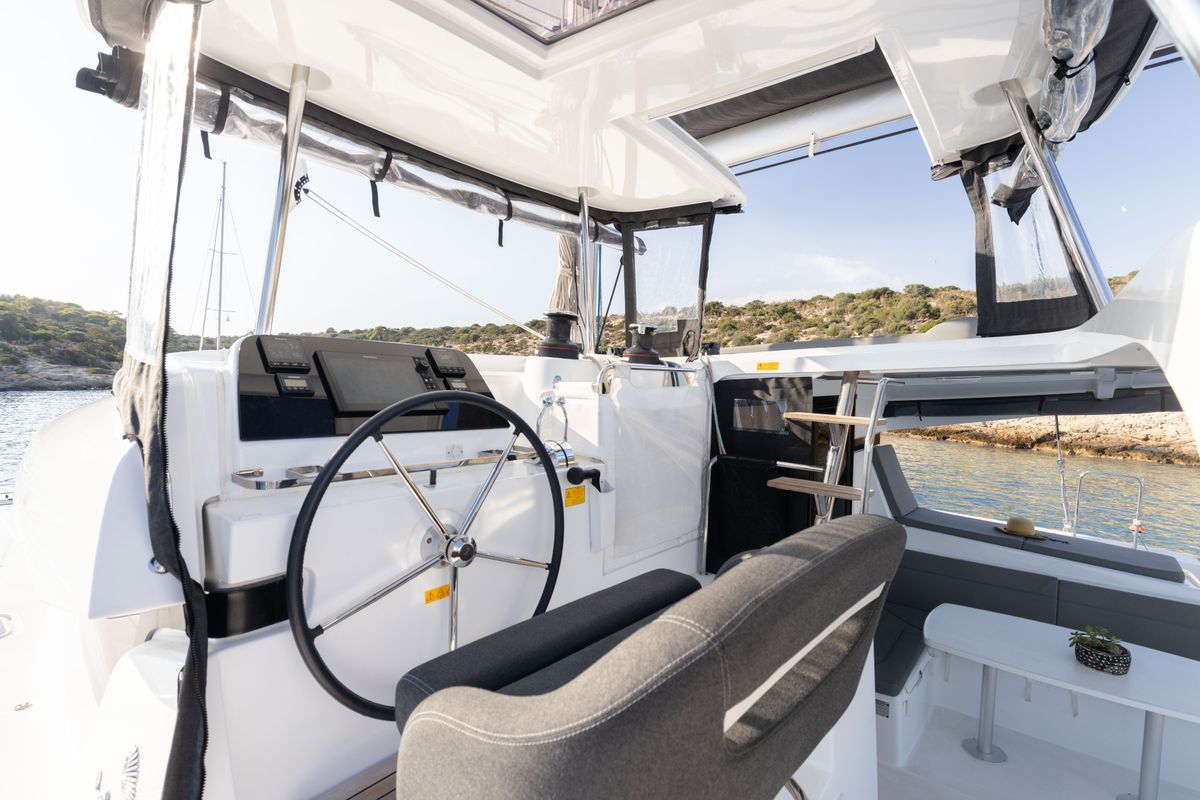 Cockpit of Utopia, a Lagoon 42 catamaran at Athens, Greece