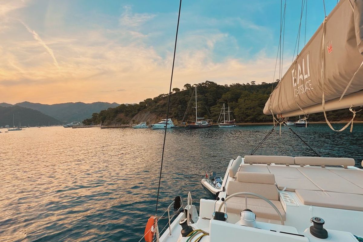 Deck of Jomo, a Bali Catspace catamaran at Fethiye, Turkey