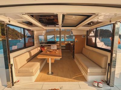Salon of Jomo, a Bali Catspace catamaran at Fethiye, Turkey
