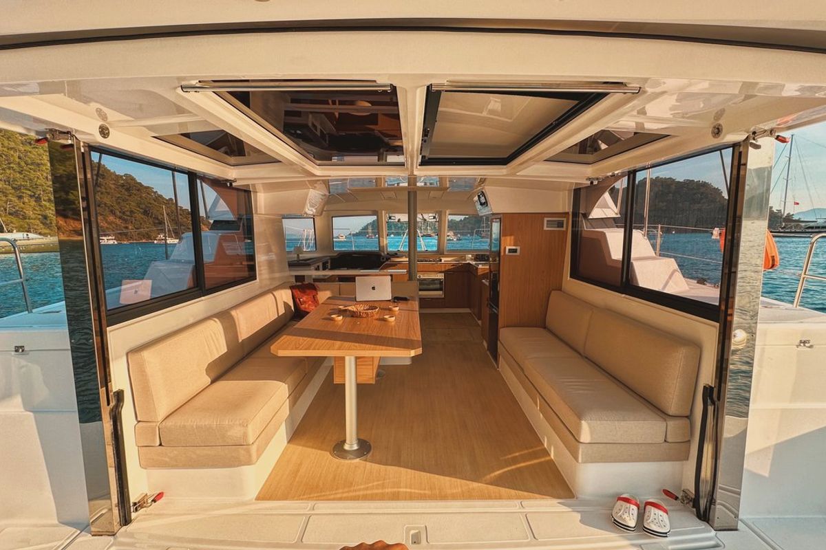 Salon of Jomo, a Bali Catspace catamaran at Fethiye, Turkey