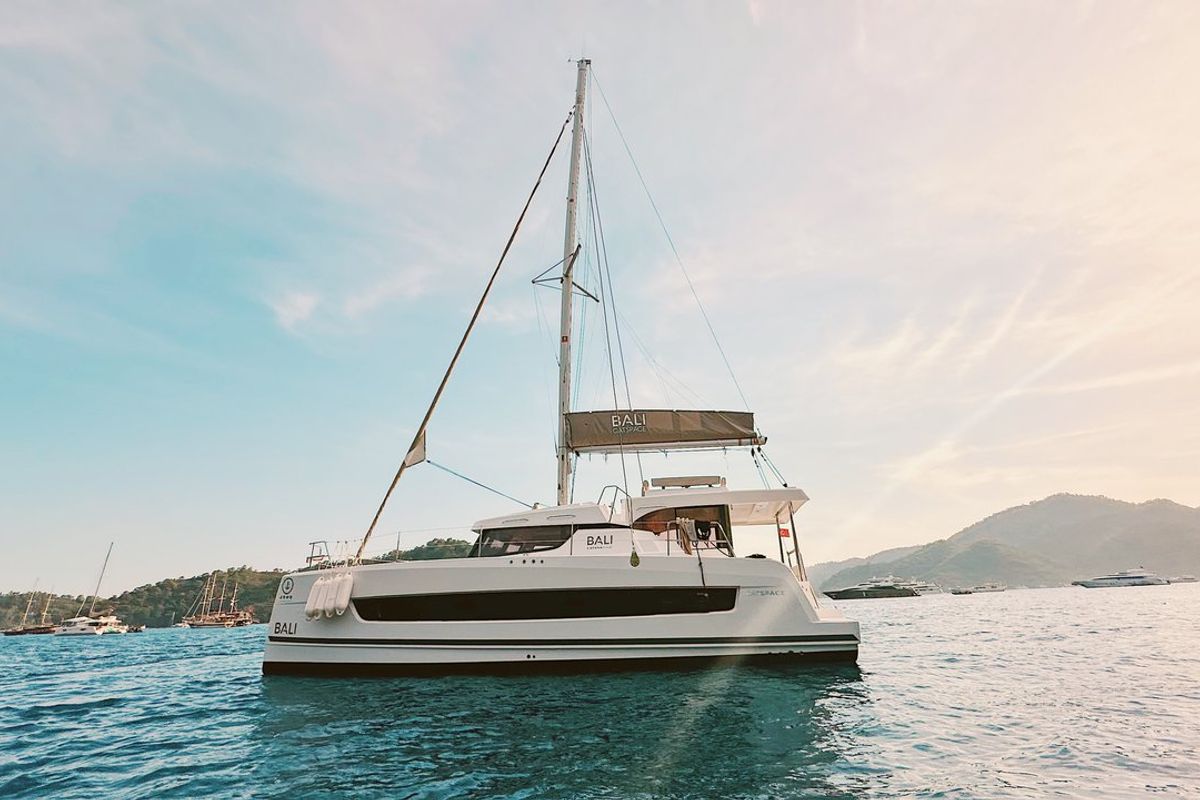 Exterior view of Jomo, a Bali Catspace catamaran at Fethiye, Turkey