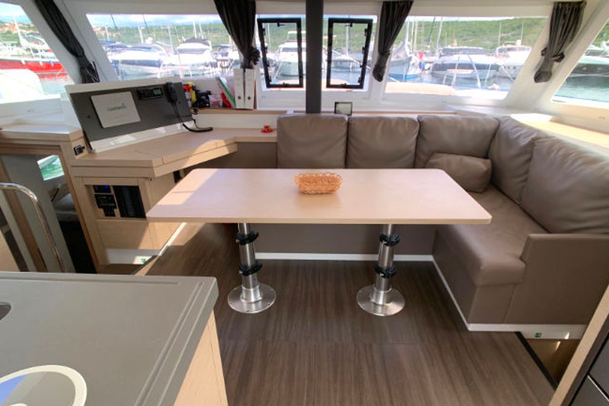 Salon of Idefix, a Fountaine Pajot Lucia 40 catamaran at Općina Rogoznica, Croatia
