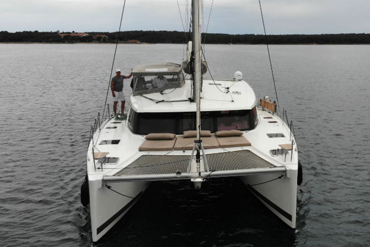 Exterior view of Idefix, a Fountaine Pajot Lucia 40 catamaran at Općina Rogoznica, Croatia