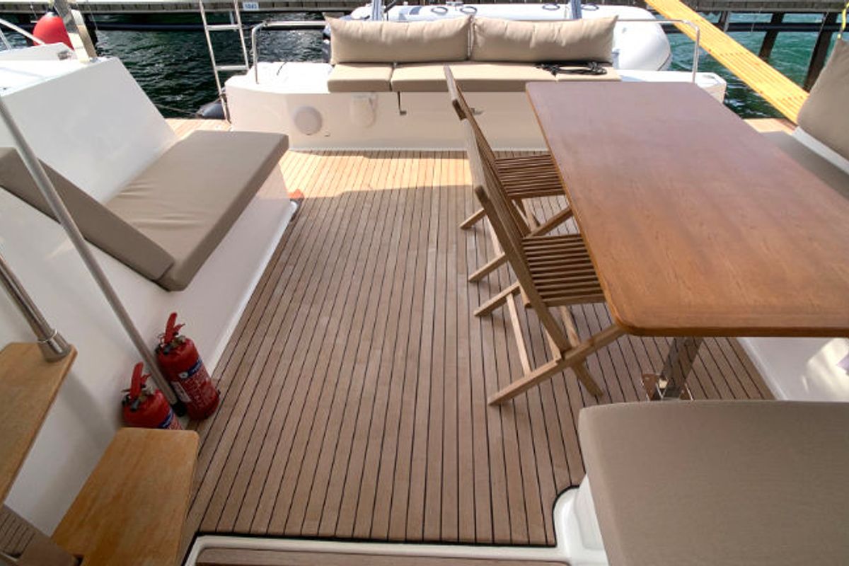 Deck of Idefix, a Fountaine Pajot Lucia 40 catamaran at Općina Rogoznica, Croatia