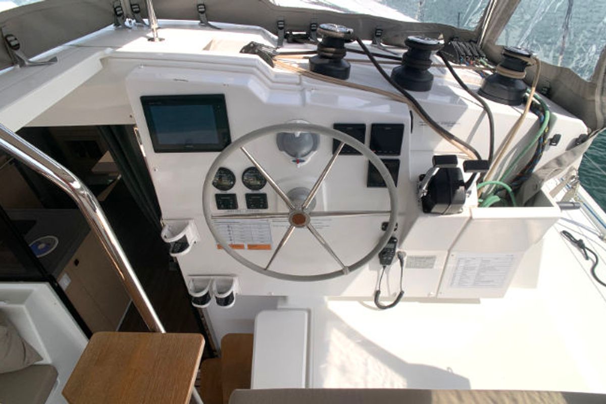 Cockpit of Idefix, a Fountaine Pajot Lucia 40 catamaran at Općina Rogoznica, Croatia
