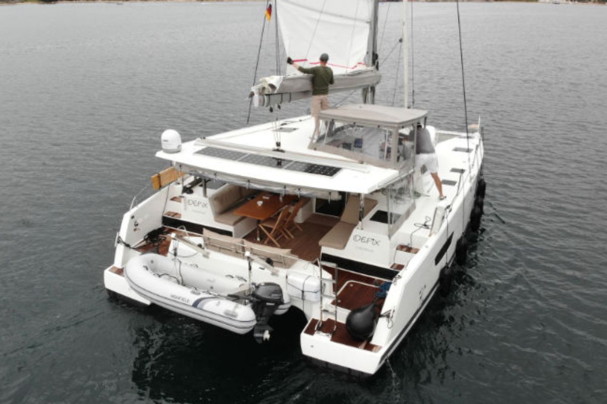 Exterior view of Idefix, a Fountaine Pajot Lucia 40 catamaran at Općina Rogoznica, Croatia