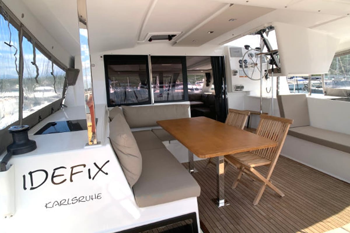 Deck of Idefix, a Fountaine Pajot Lucia 40 catamaran at Općina Rogoznica, Croatia