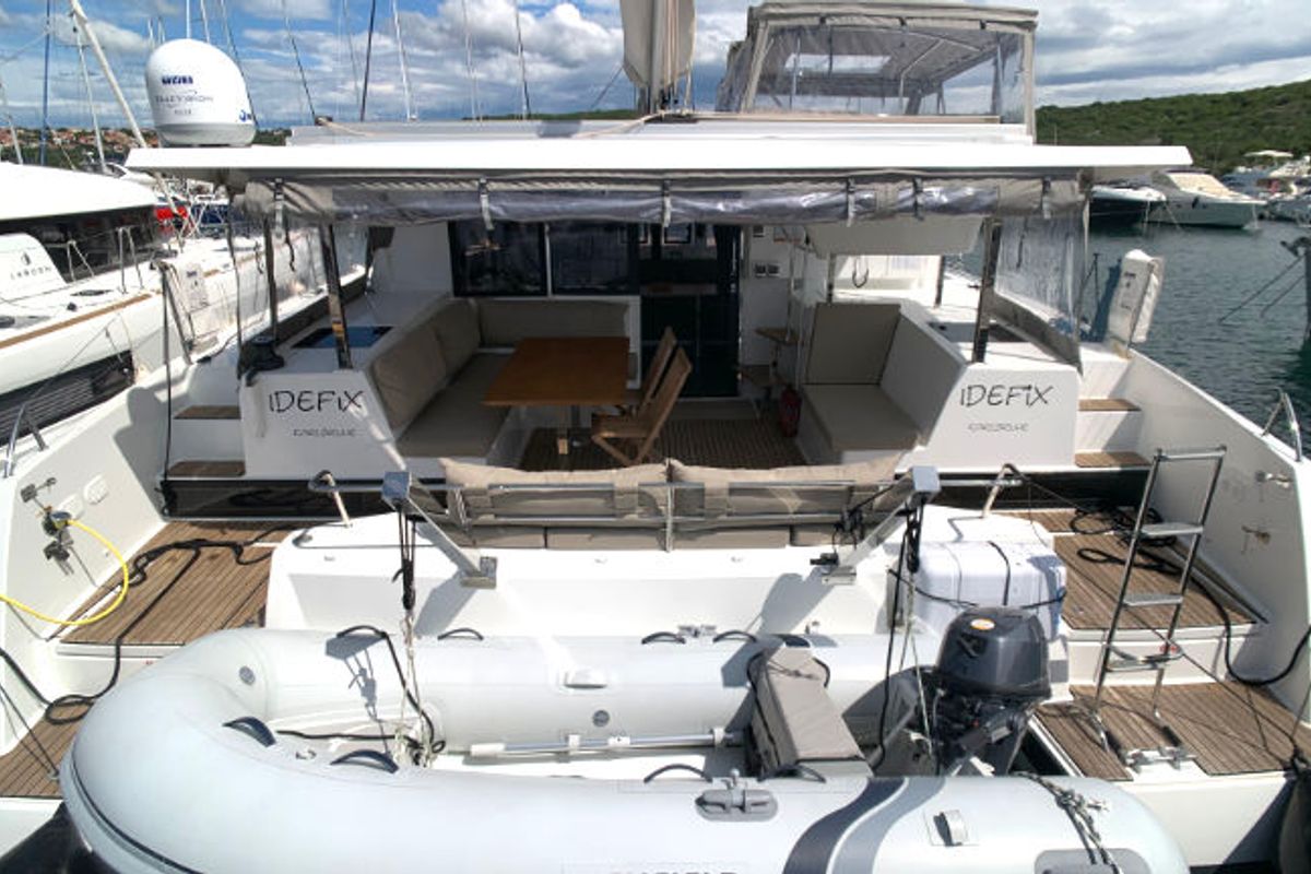 Deck of Idefix, a Fountaine Pajot Lucia 40 catamaran at Općina Rogoznica, Croatia