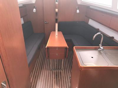 Salon of Pollux I, a Bavaria Cruiser 34 sailboat at Olbia, Italy