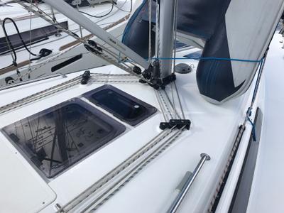 Deck of Pollux I, a Bavaria Cruiser 34 sailboat at Olbia, Italy